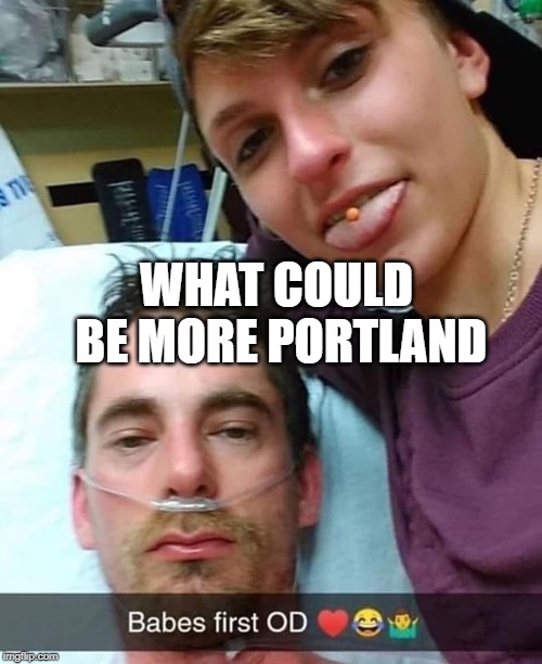 What it's like to live in Portland, Oregon | WHAT COULD BE MORE PORTLAND | image tagged in portland,portlandia,drug addiction,overdose,relationship goals,heroin | made w/ Imgflip meme maker
