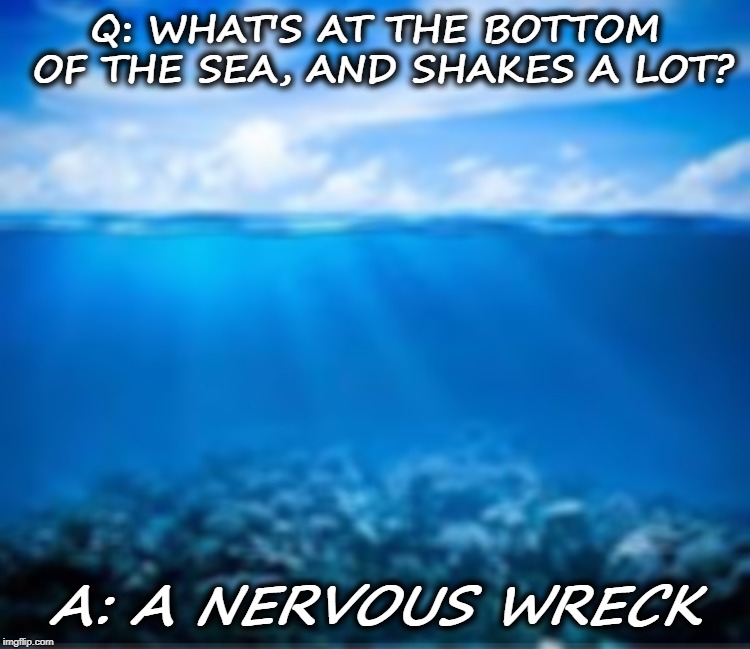 Ocean | Q: WHAT'S AT THE BOTTOM OF THE SEA, AND SHAKES A LOT? A: A NERVOUS WRECK | image tagged in ocean | made w/ Imgflip meme maker