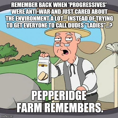 Pepperidge Farm Remembers | REMEMBER BACK WHEN 'PROGRESSIVES' WERE ANTI-WAR AND JUST CARED ABOUT THE ENVIRONMENT A LOT... INSTEAD OF TRYING TO GET EVERYONE TO CALL DUDES "LADIES"...? PEPPERIDGE FARM REMEMBERS. | image tagged in memes,pepperidge farm remembers | made w/ Imgflip meme maker