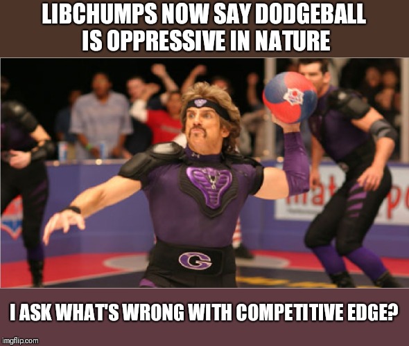 Dodgeball | LIBCHUMPS NOW SAY DODGEBALL  IS OPPRESSIVE IN NATURE; I ASK WHAT'S WRONG WITH COMPETITIVE EDGE? | image tagged in dodgeball | made w/ Imgflip meme maker