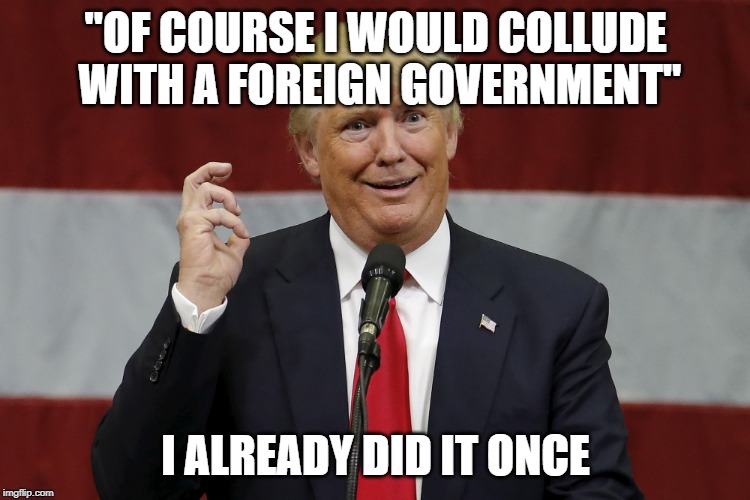 Admitted Traitor - Time to IMPEACH | "OF COURSE I WOULD COLLUDE WITH A FOREIGN GOVERNMENT"; I ALREADY DID IT ONCE | image tagged in trump,politics,treason,impeach trump,criminal,maga | made w/ Imgflip meme maker