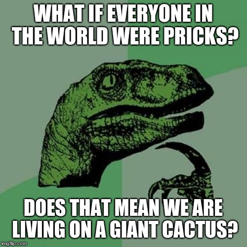 WHAT IF EVERYONE IN THE WORLD WERE PRICKS? DOES THAT MEAN WE ARE LIVING ON A GIANT CACTUS? | image tagged in memes,philosoraptor | made w/ Imgflip meme maker