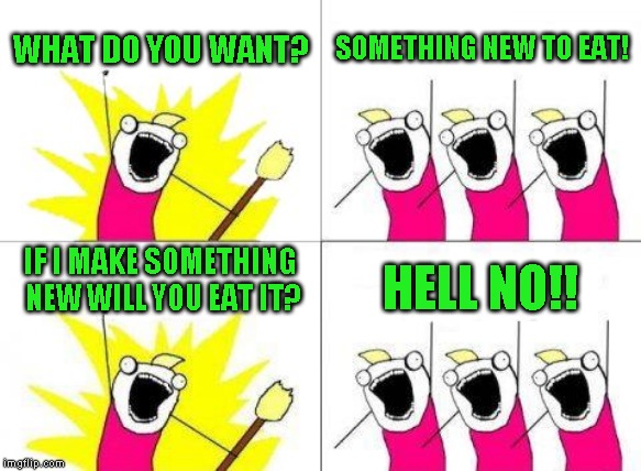 Welcome to my family | WHAT DO YOU WANT? SOMETHING NEW TO EAT! IF I MAKE SOMETHING NEW WILL YOU EAT IT? HELL NO!! | image tagged in memes,what do we want | made w/ Imgflip meme maker