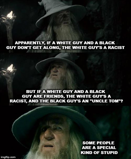 Talk about taking away a person's freedom and personal agency... | APPARENTLY, IF A WHITE GUY AND A BLACK GUY DON'T GET ALONG, THE WHITE GUY'S A RACIST; BUT IF A WHITE GUY AND A BLACK GUY ARE FRIENDS, THE WHITE GUY'S A RACIST, AND THE BLACK GUY'S AN "UNCLE TOM"? SOME PEOPLE ARE A SPECIAL KIND OF STUPID | image tagged in memes,confused gandalf,politics,racism | made w/ Imgflip meme maker