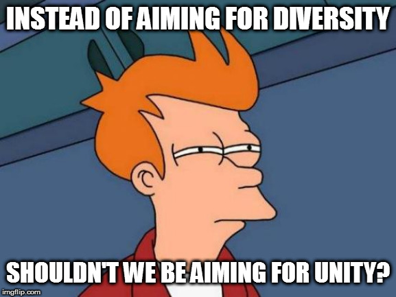 One of them is definitely more important | INSTEAD OF AIMING FOR DIVERSITY; SHOULDN'T WE BE AIMING FOR UNITY? | image tagged in memes,futurama fry,politics,diversity,unity | made w/ Imgflip meme maker
