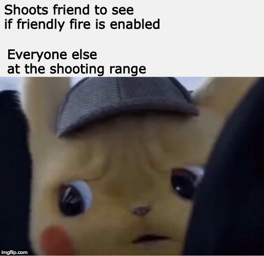 Detective Pikachu | Shoots friend to see if friendly fire is enabled; Everyone else at the shooting range | image tagged in detective pikachu | made w/ Imgflip meme maker