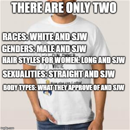 Conservatives think | THERE ARE ONLY TWO; RACES: WHITE AND SJW; GENDERS: MALE AND SJW; HAIR STYLES FOR WOMEN: LONG AND SJW; SEXUALITIES: STRAIGHT AND SJW; BODY TYPES: WHAT THEY APPROVE OF AND SJW | image tagged in proud conservative values man,conservatives,sjw | made w/ Imgflip meme maker