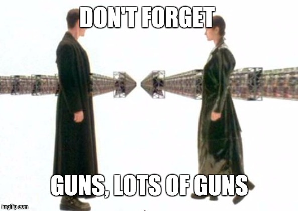 Matrix Guns Lots of Guns | DON'T FORGET GUNS, LOTS OF GUNS | image tagged in matrix guns lots of guns | made w/ Imgflip meme maker