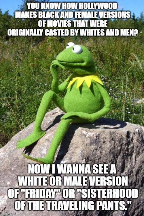Kermit-thinking | YOU KNOW HOW HOLLYWOOD MAKES BLACK AND FEMALE VERSIONS OF MOVIES THAT WERE ORIGINALLY CASTED BY WHITES AND MEN? NOW I WANNA SEE A WHITE OR MALE VERSION OF "FRIDAY" OR "SISTERHOOD OF THE TRAVELING PANTS." | image tagged in kermit-thinking | made w/ Imgflip meme maker