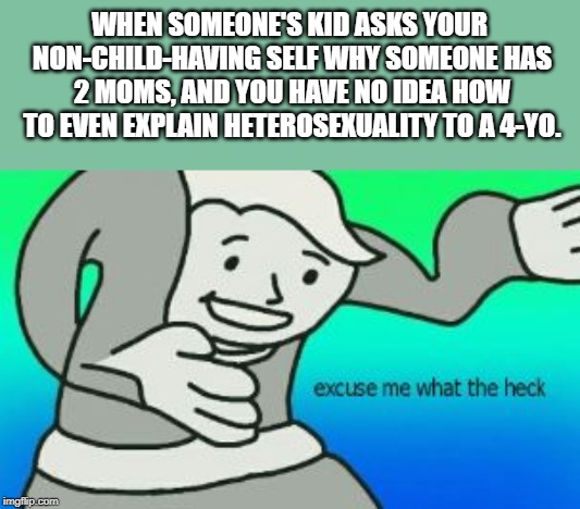 True story. Thankfully that kid ended up asking other questions before I could come up with an answer. | WHEN SOMEONE'S KID ASKS YOUR NON-CHILD-HAVING SELF WHY SOMEONE HAS 2 MOMS, AND YOU HAVE NO IDEA HOW TO EVEN EXPLAIN HETEROSEXUALITY TO A 4-YO. | image tagged in excuse me what the heck,kids,kids say the darndest things,heterosexuality,homosexuality | made w/ Imgflip meme maker