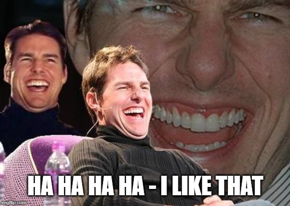 Tom Cruise laugh | HA HA HA HA - I LIKE THAT | image tagged in tom cruise laugh | made w/ Imgflip meme maker