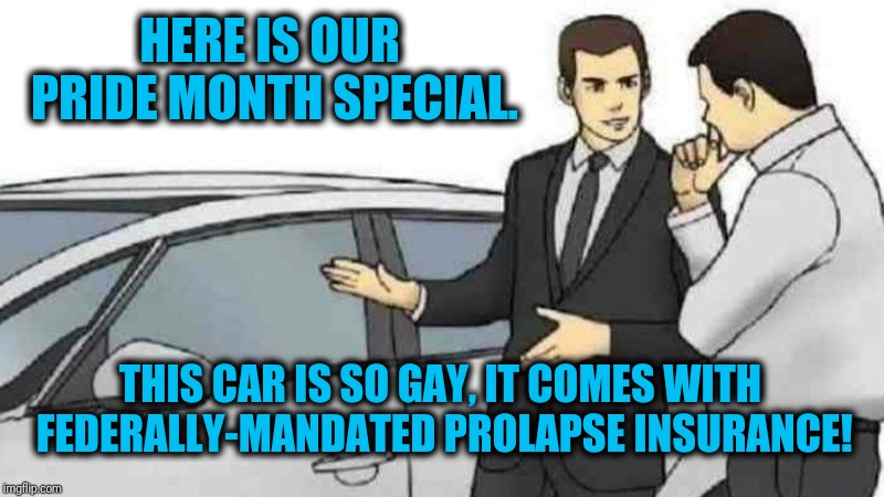 When The Bottom Drops Out Of The Deal | HERE IS OUR PRIDE MONTH SPECIAL. THIS CAR IS SO GAY, IT COMES WITH FEDERALLY-MANDATED PROLAPSE INSURANCE! | image tagged in car salesman slaps roof of car,funny,gay,gay pride,prise,lgbt | made w/ Imgflip meme maker