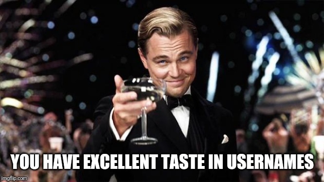 Gatsby toast  | YOU HAVE EXCELLENT TASTE IN USERNAMES | image tagged in gatsby toast | made w/ Imgflip meme maker