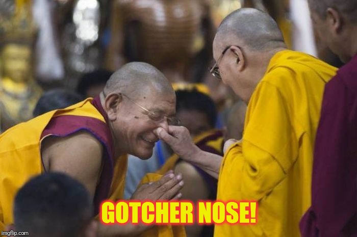 Dude, So Not Zen, Bruh | GOTCHER NOSE! | image tagged in dalai lama,prank | made w/ Imgflip meme maker
