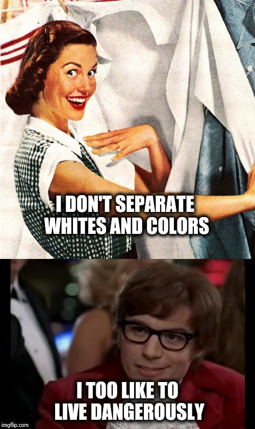 I DON'T SEPARATE WHITES AND COLORS I TOO LIKE TO LIVE DANGEROUSLY | image tagged in memes,i too like to live dangerously,vintage laundry woman | made w/ Imgflip meme maker