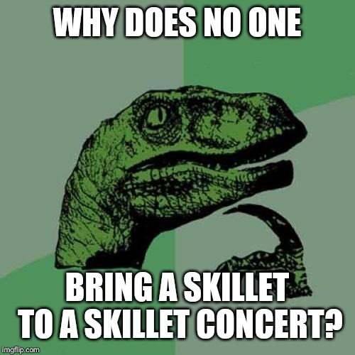 Philosoraptor | WHY DOES NO ONE; BRING A SKILLET TO A SKILLET CONCERT? | image tagged in memes,philosoraptor | made w/ Imgflip meme maker