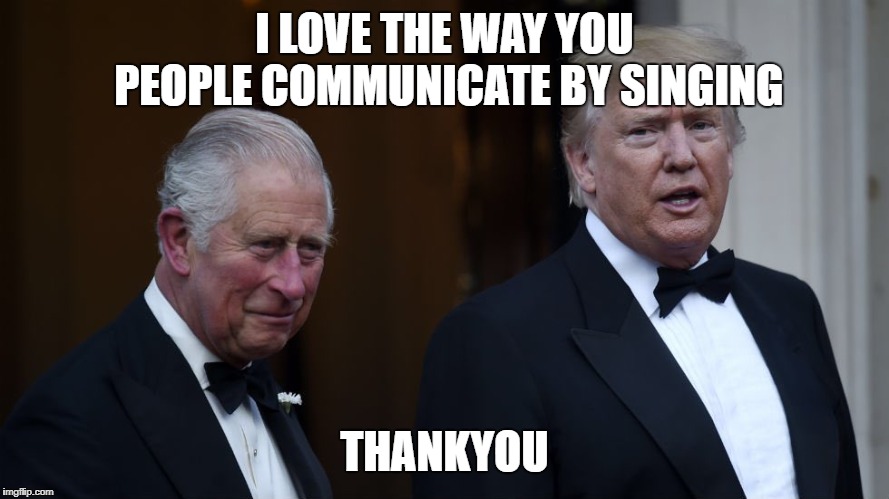 POTUS Meets with Prince of Whales | I LOVE THE WAY YOU PEOPLE COMMUNICATE BY SINGING; THANKYOU | image tagged in potus meets with prince of whales,potus,45,prince of whales,prince charles | made w/ Imgflip meme maker