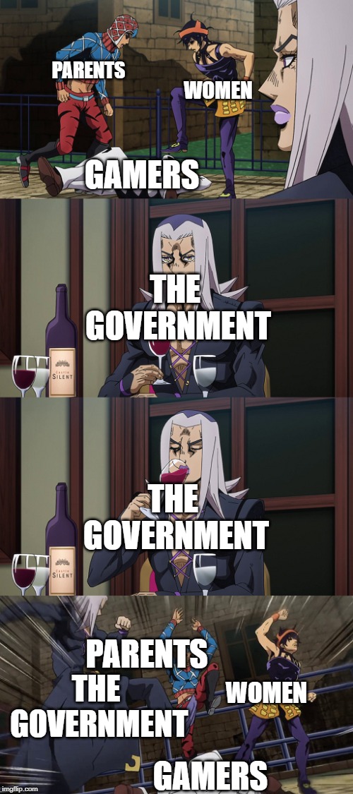 Abbacchio joins in the fun | PARENTS; WOMEN; GAMERS; THE GOVERNMENT; THE GOVERNMENT; PARENTS; THE GOVERNMENT; WOMEN; GAMERS | image tagged in abbacchio joins in the fun | made w/ Imgflip meme maker