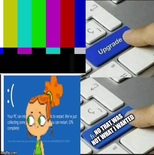 Oh shoot.... izzy destroyed the pc.... we're doomed | NO THAT WAS NOT WHAT I WANTED | image tagged in izzy,pc,memes,funny | made w/ Imgflip meme maker