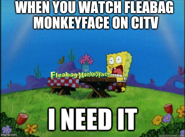 spongebob I need it | WHEN YOU WATCH
FLEABAG MONKEYFACE ON CITV | image tagged in spongebob i need it | made w/ Imgflip meme maker