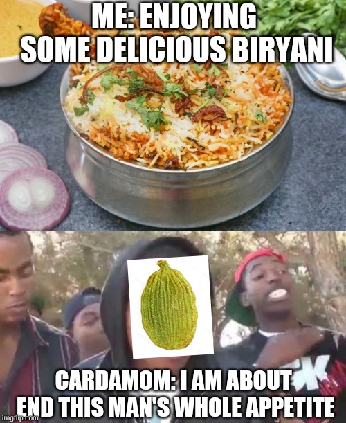 ME: ENJOYING SOME DELICIOUS BIRYANI; CARDAMOM: I AM ABOUT END THIS MAN'S WHOLE APPETITE | image tagged in i'm about to end this man's whole career | made w/ Imgflip meme maker