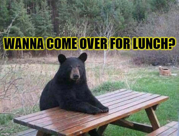 Wanna Come Over For Lunch? | WANNA COME OVER FOR LUNCH? | image tagged in memes,hungry bear,bear at picnic table,lunch time,picnic lunch,paws for lunch | made w/ Imgflip meme maker