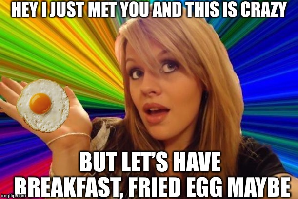 Dumb Blonde Meme | HEY I JUST MET YOU AND THIS IS CRAZY BUT LET’S HAVE BREAKFAST, FRIED EGG MAYBE | image tagged in memes,dumb blonde | made w/ Imgflip meme maker