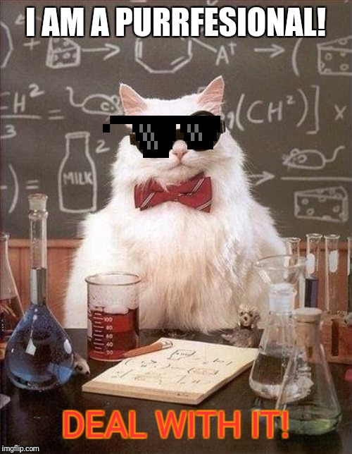 Chemistry Cat | I AM A PURRFESIONAL! DEAL WITH IT! | image tagged in chemistry cat | made w/ Imgflip meme maker