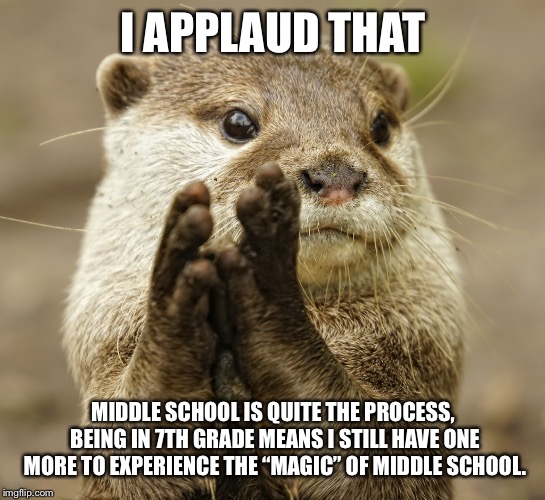 Squirrel Applause | I APPLAUD THAT MIDDLE SCHOOL IS QUITE THE PROCESS, BEING IN 7TH GRADE MEANS I STILL HAVE ONE MORE TO EXPERIENCE THE “MAGIC” OF MIDDLE SCHOOL | image tagged in squirrel applause | made w/ Imgflip meme maker