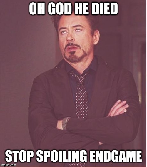 Face You Make Robert Downey Jr Meme | OH GOD HE DIED; STOP SPOILING ENDGAME | image tagged in memes,face you make robert downey jr | made w/ Imgflip meme maker