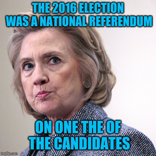 Hint: Not Trump | THE 2016 ELECTION WAS A NATIONAL REFERENDUM; ON ONE THE OF THE CANDIDATES | image tagged in hillary clinton pissed | made w/ Imgflip meme maker