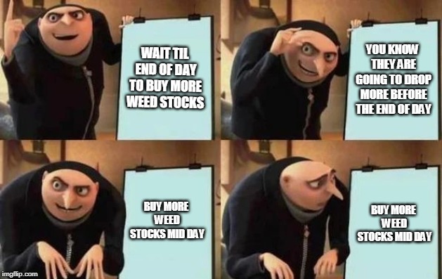 Gru's Plan Meme | WAIT TIL END OF DAY TO BUY MORE WEED STOCKS; YOU KNOW THEY ARE GOING TO DROP MORE BEFORE THE END OF DAY; BUY MORE WEED STOCKS MID DAY; BUY MORE WEED STOCKS MID DAY | image tagged in gru's plan | made w/ Imgflip meme maker