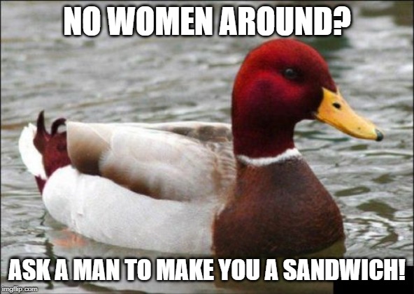 Malicious Advice Mallard | NO WOMEN AROUND? ASK A MAN TO MAKE YOU A SANDWICH! | image tagged in memes,malicious advice mallard | made w/ Imgflip meme maker
