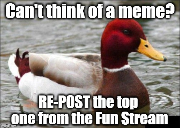 Malicious Advice Mallard | Can't think of a meme? RE-POST the top one from the Fun Stream | image tagged in memes,malicious advice mallard | made w/ Imgflip meme maker