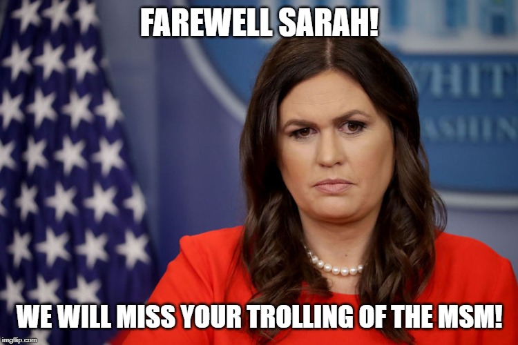 Bye Sarah! | FAREWELL SARAH! WE WILL MISS YOUR TROLLING OF THE MSM! | image tagged in sarah huckabee sanders,press secretary,troll,msm lies | made w/ Imgflip meme maker