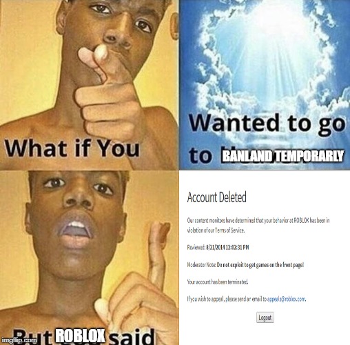 What If You Wanted To Go To Heaven | BANLAND TEMPORARLY; ROBLOX | image tagged in what if you wanted to go to heaven | made w/ Imgflip meme maker
