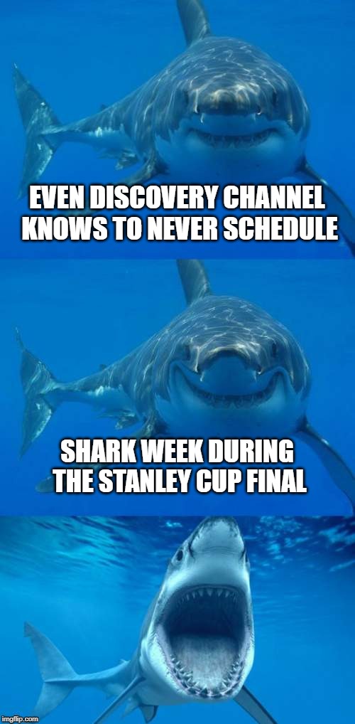 Discovery programmers know: Sharks never appear during the Stanley Cup Final. | EVEN DISCOVERY CHANNEL KNOWS TO NEVER SCHEDULE; SHARK WEEK DURING THE STANLEY CUP FINAL | image tagged in bad shark pun,memes,shark week,stanley cup,san jose sharks,discovery | made w/ Imgflip meme maker