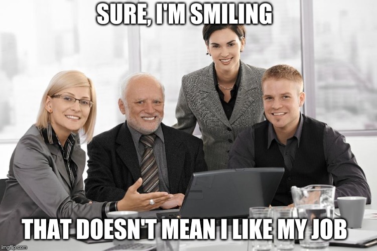 Harold Meeting | SURE, I'M SMILING THAT DOESN'T MEAN I LIKE MY JOB | image tagged in harold meeting | made w/ Imgflip meme maker