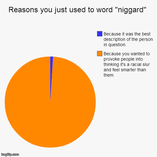 Reasons you just used to word "n**gard" | Because you wanted to provoke people into thinking it's a racial slur and feel smarter than them., | image tagged in funny,pie charts | made w/ Imgflip chart maker