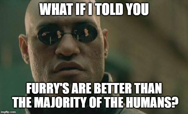 Matrix Morpheus | WHAT IF I TOLD YOU; FURRY'S ARE BETTER THAN THE MAJORITY OF THE HUMANS? | image tagged in memes,matrix morpheus | made w/ Imgflip meme maker