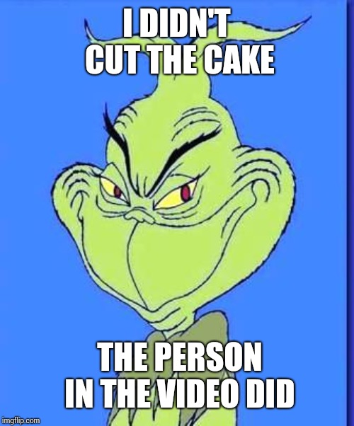 Good Grinch | I DIDN'T CUT THE CAKE THE PERSON IN THE VIDEO DID | image tagged in good grinch | made w/ Imgflip meme maker