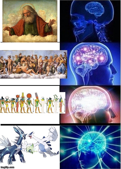 Gods Going Animalistic | image tagged in memes,expanding brain,god,greek mythology,gods of egypt,pokemon | made w/ Imgflip meme maker
