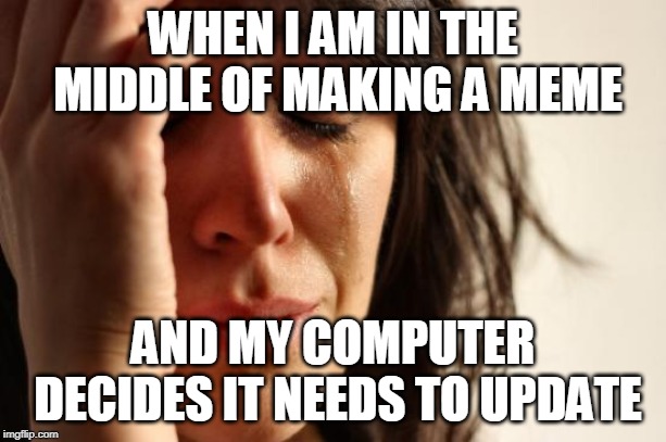 First World Problems Meme | WHEN I AM IN THE MIDDLE OF MAKING A MEME; AND MY COMPUTER DECIDES IT NEEDS TO UPDATE | image tagged in memes,first world problems | made w/ Imgflip meme maker