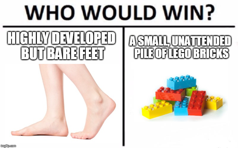 Who Would Win? Meme | HIGHLY DEVELOPED BUT BARE FEET; A SMALL, UNATTENDED PILE OF LEGO BRICKS | image tagged in memes,who would win | made w/ Imgflip meme maker