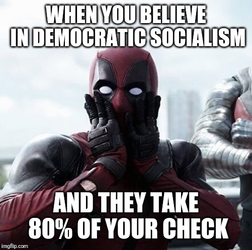 Deadpool Surprised | WHEN YOU BELIEVE IN DEMOCRATIC SOCIALISM; AND THEY TAKE 80% OF YOUR CHECK | image tagged in memes,deadpool surprised | made w/ Imgflip meme maker