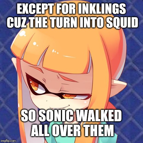 Smug Inkling | EXCEPT FOR INKLINGS CUZ THE TURN INTO SQUID SO SONIC WALKED ALL OVER THEM | image tagged in smug inkling | made w/ Imgflip meme maker