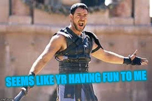 Are you not entertained | SEEMS LIKE YR HAVING FUN TO ME | image tagged in are you not entertained | made w/ Imgflip meme maker