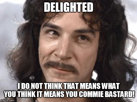 I Do Not Think That Means What You Think It Means | DELIGHTED; I DO NOT THINK THAT MEANS WHAT YOU THINK IT MEANS
YOU COMMIE BASTARD! | image tagged in i do not think that means what you think it means | made w/ Imgflip meme maker