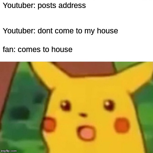 Surprised Pikachu Meme | Youtuber: posts address; Youtuber: dont come to my house; fan: comes to house | image tagged in memes,surprised pikachu | made w/ Imgflip meme maker