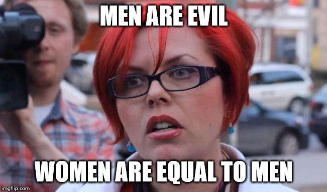 Angry Feminist | MEN ARE EVIL; WOMEN ARE EQUAL TO MEN | image tagged in angry feminist | made w/ Imgflip meme maker